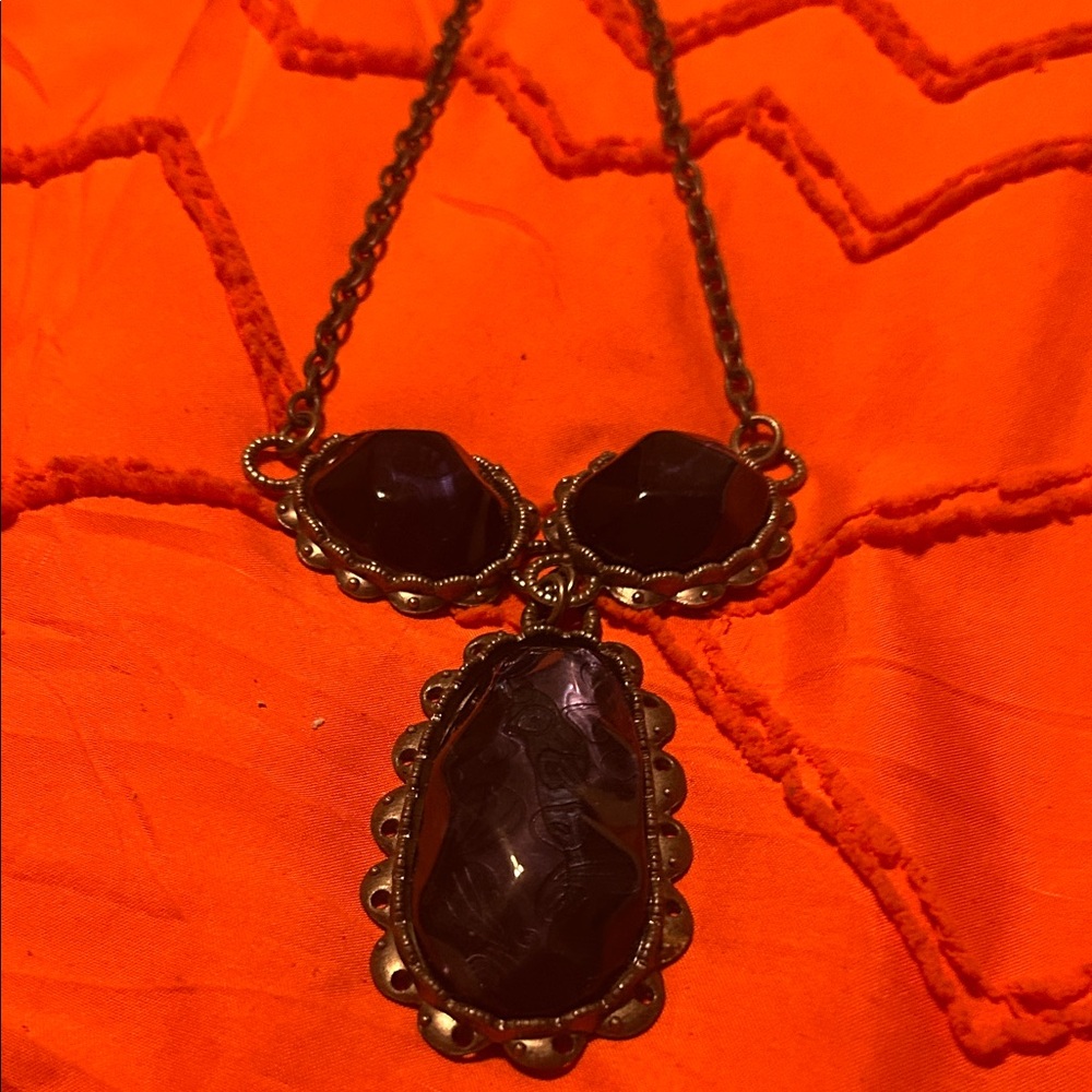 Vintage-Inspired Bronze Necklace with Dark Purple Gemstones